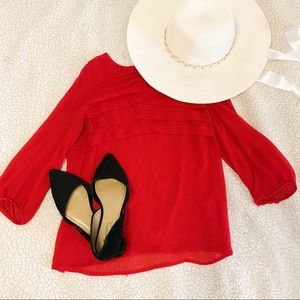 Loft Red Sheer Ruched Pleated Top w/ Sleeves